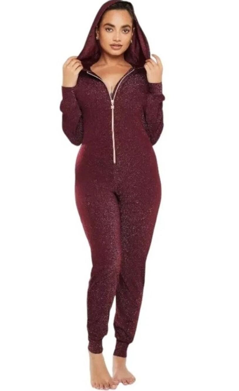 Savage X Fenty Hooded Jumpsuit Womens M Burgundy Gold Metallic Sparkle Lounge